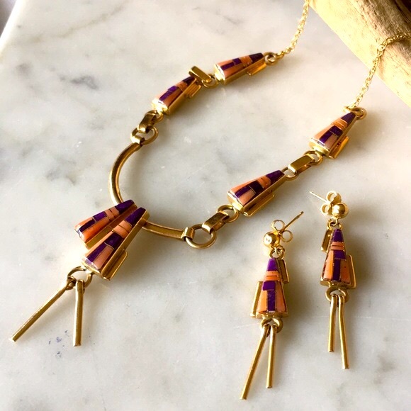 Vintage Navajo Tom David 14K Inlay Necklace and Earrings Native American - Picture 4 of 16